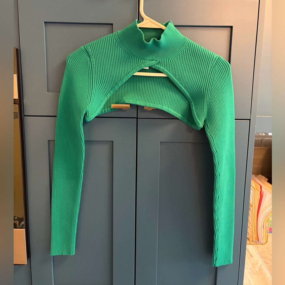 Fleur du Mal Teal Green Ribbed cropped Mock-Neck Bolero shrug S Small Long Sleev